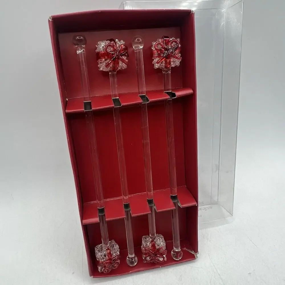 Vtg Set 4 Peir 1 Swizzle Sticks Gift Boxes Art Glass Christmas Cocktail Barware
